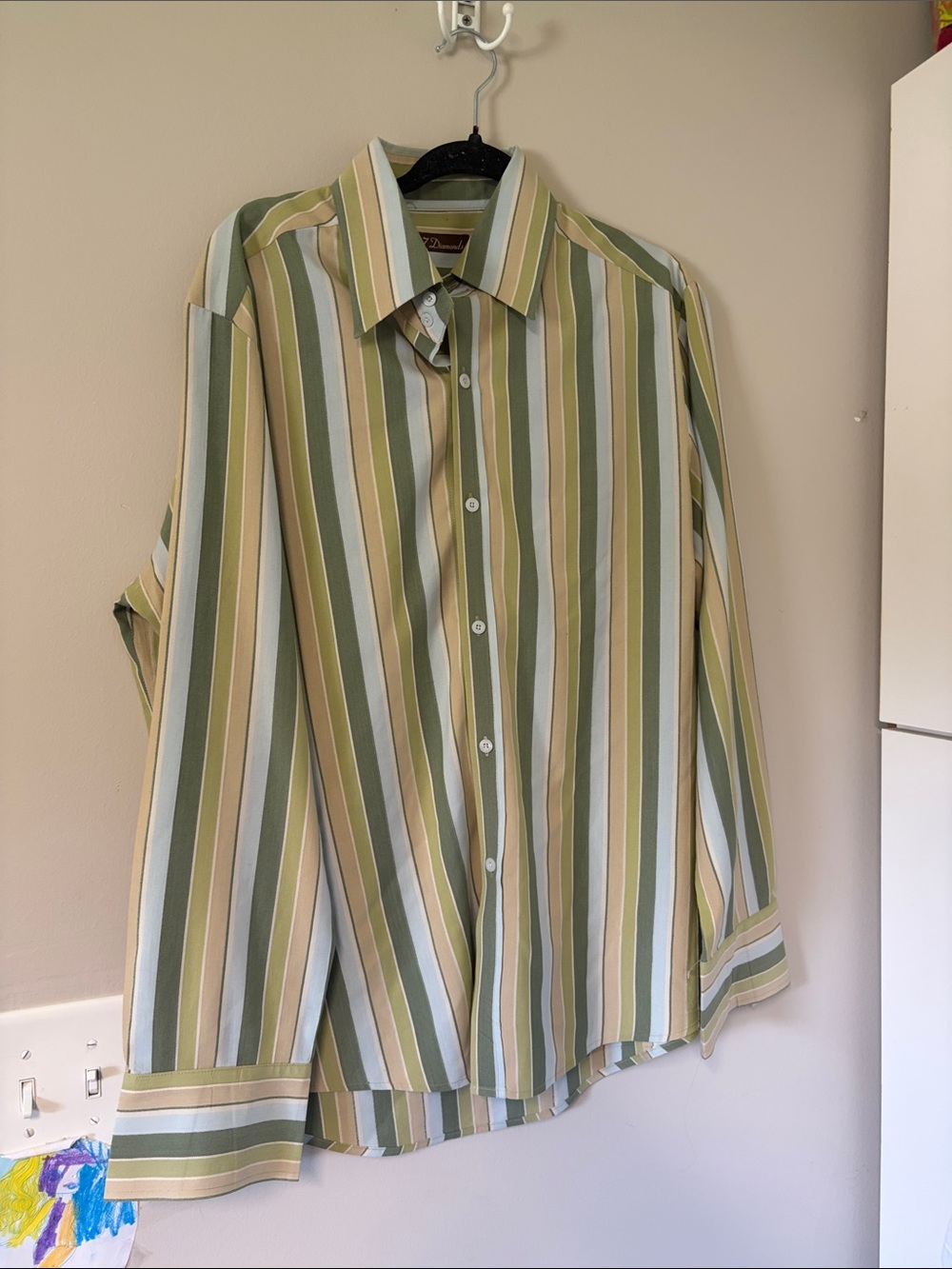 7 Diamonds Men's Green and Cream Multi-Stripe Button-Down Shirt Size Large Y2K